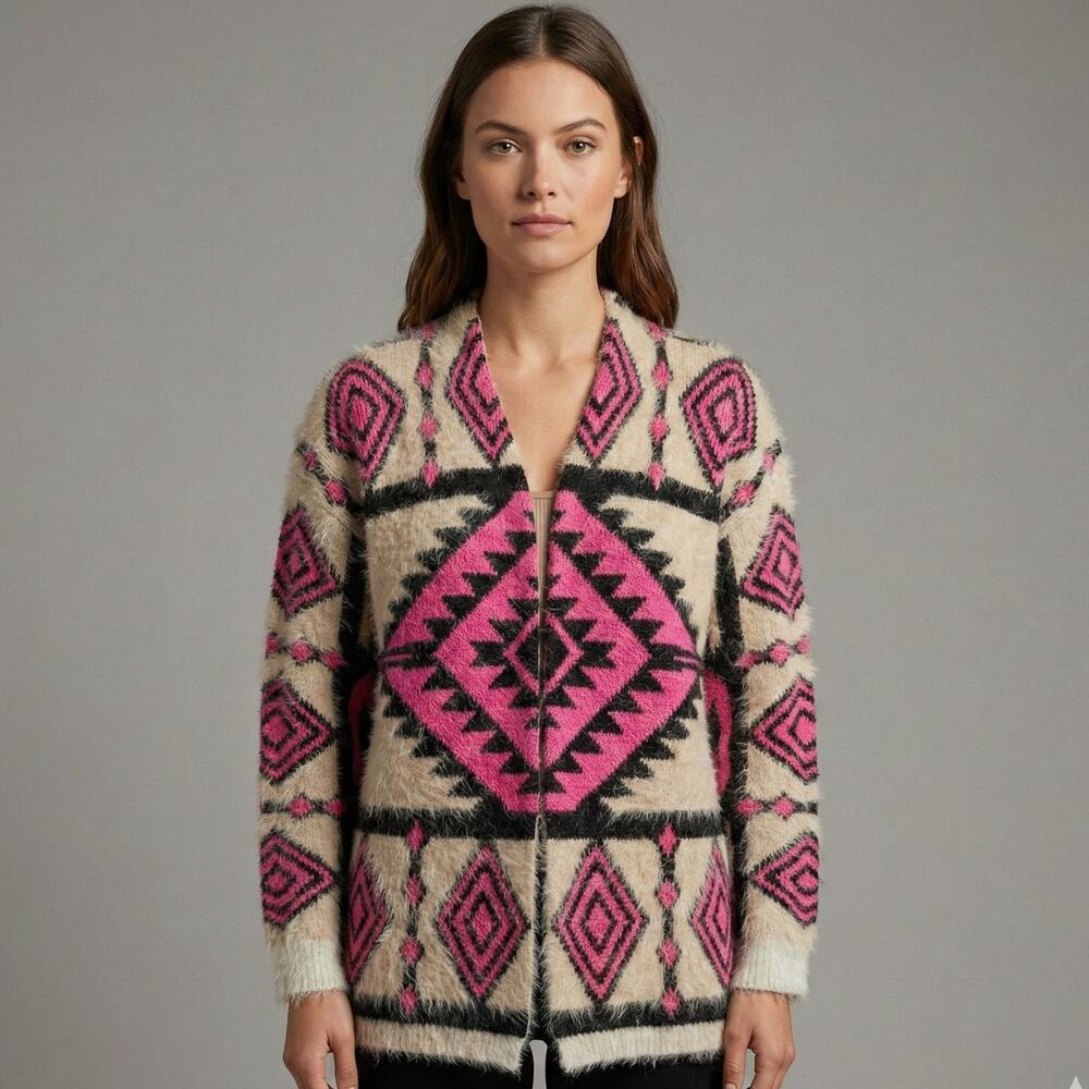Fuzzy Aztec Argyle Print Knit Cardigan Sweater Tan Pink Womens Size Large